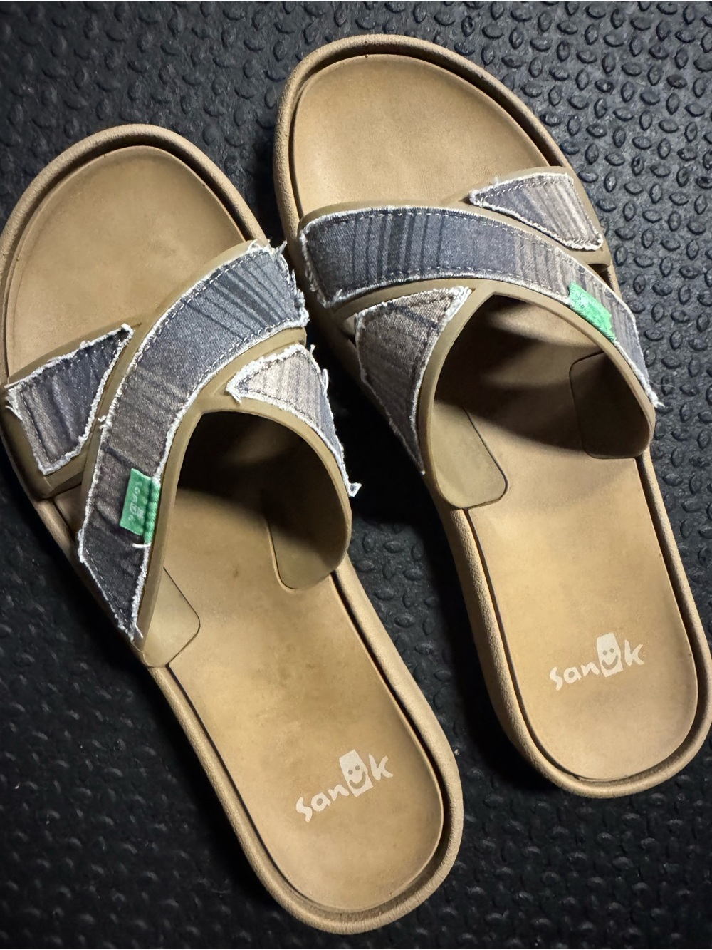 Sanuk Tan Slide Sole with Gray Tread Pattern and Green logo Tag